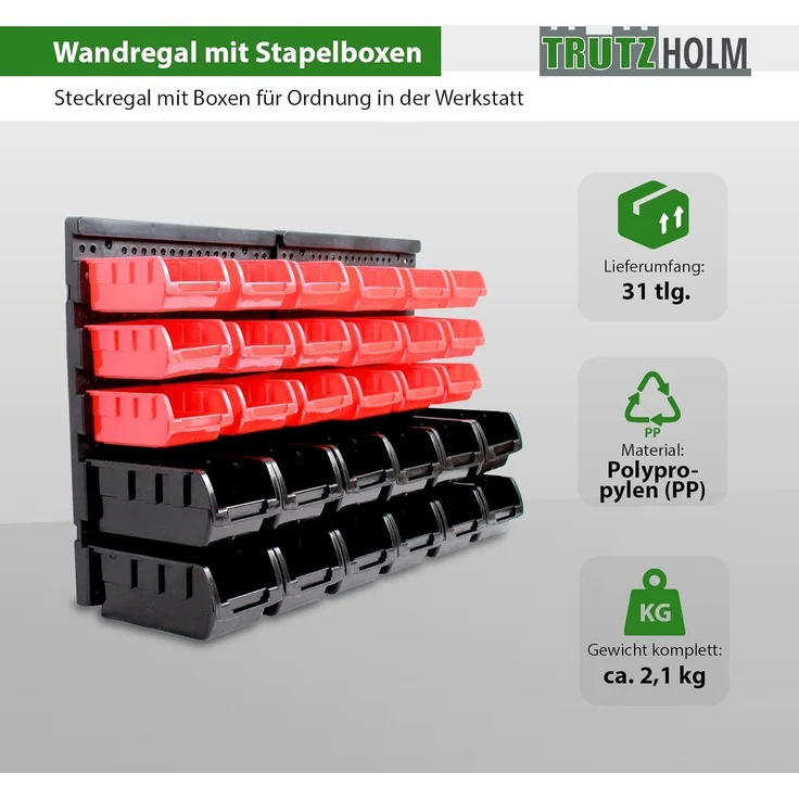 Stapelboxen mit Wandregal rot 32 tlg, Kleinteilemagazin – Bild 2