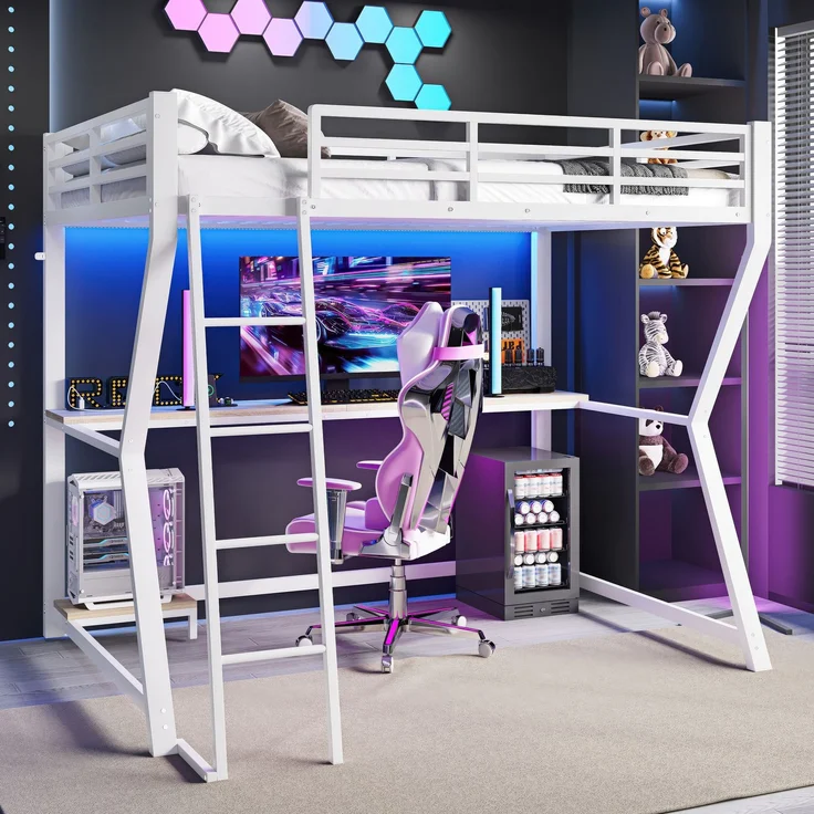 Hochbett, 90*200cm , Mit LED-Leuchten, Computerkonsolenablage, Schreibtisch, Steckdose+USB, Geländer, Treppe, ohne Matratze, Weiß – Bild 4