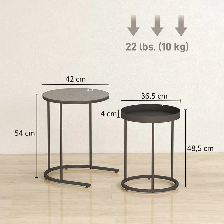 HOMCOM Beistelltisch mit Tablett-Design, Metallgestell (2er Set Wohnzimmertisch, 2-St, Runder Couchtisch), für Wohnzimmer Grau – Bild 2