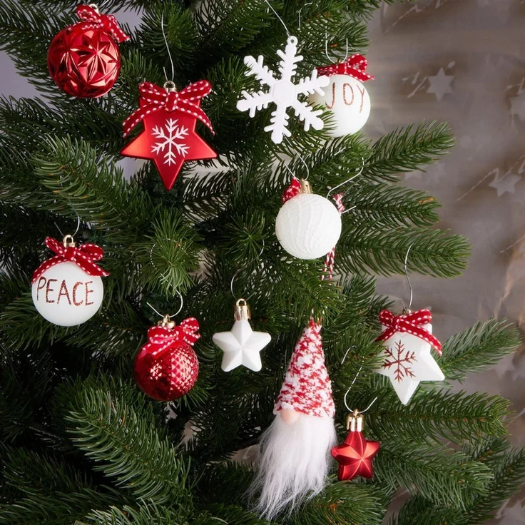 BRUBAKER Christbaumschmuck Rot und Weiß - Weihnachtskugel Set mit Wichtel Zwergen, Schneeflocken (24-tlg), Baumkugeln mit roten Schleifen - Baumschmuck – Bild 3