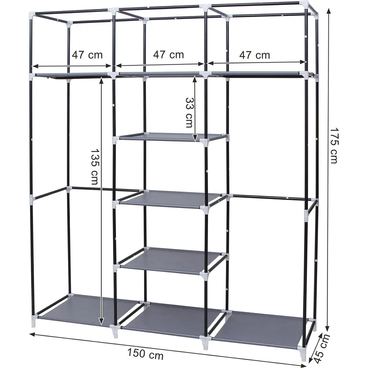 Songmics 'RYG12G' Stoffschrank mit 2 Kleiderstangen, grau,175 x 150 x 45 cm – Bild 5