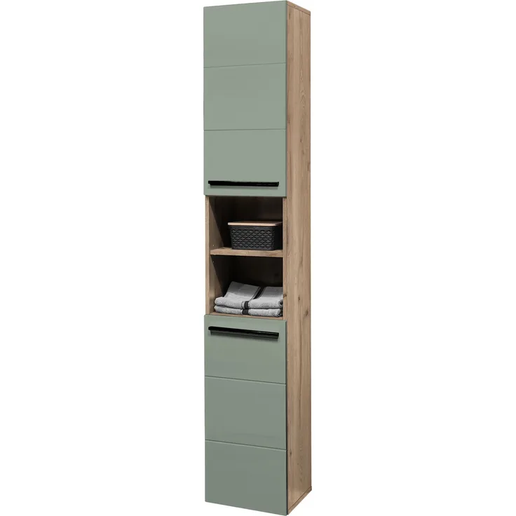 Hochschrank >Vista < 2 Türen, 6 Fächer, schilfgrün / viking oak Dekor - 34x190x31cm (BxHxT)