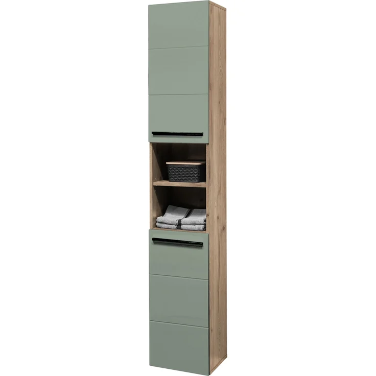 Hochschrank >Vista < 2 Türen, 6 Fächer, schilfgrün / viking oak Dekor - 34x190x31cm (BxHxT) – Bild 1