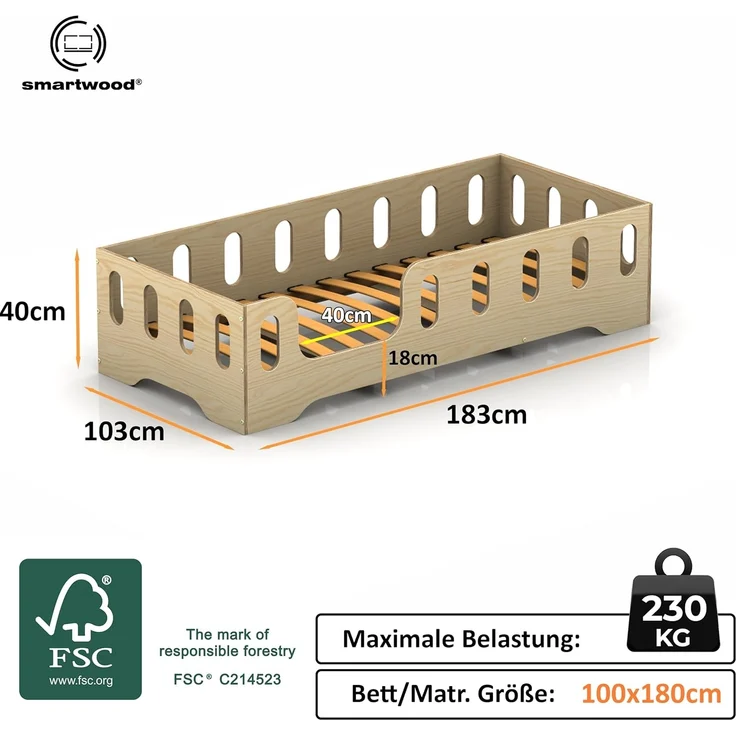 smartwood Kinderbett Bodenbett 100x180 mit Rausfallschutz & Lattenrost - Grau - Kinder Montessori Bett TILA 2L mit glatten Kanten - Betten für schnelle Montage - Bis 230 kg belastbar – Bild 2