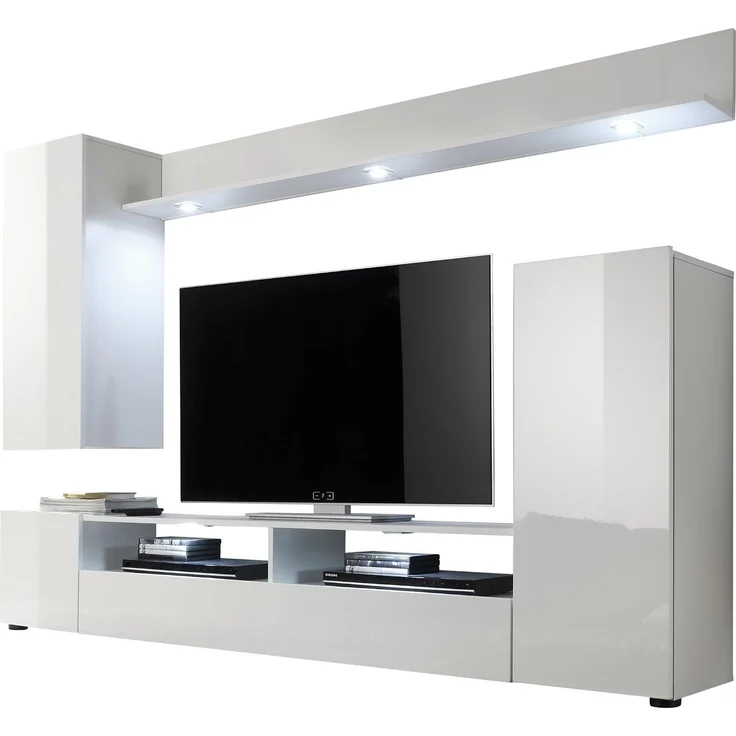 Wohnwand Medienwand Win in weiß Hochglanz 208 cm Fernsehschrank bis 55" – Bild 1