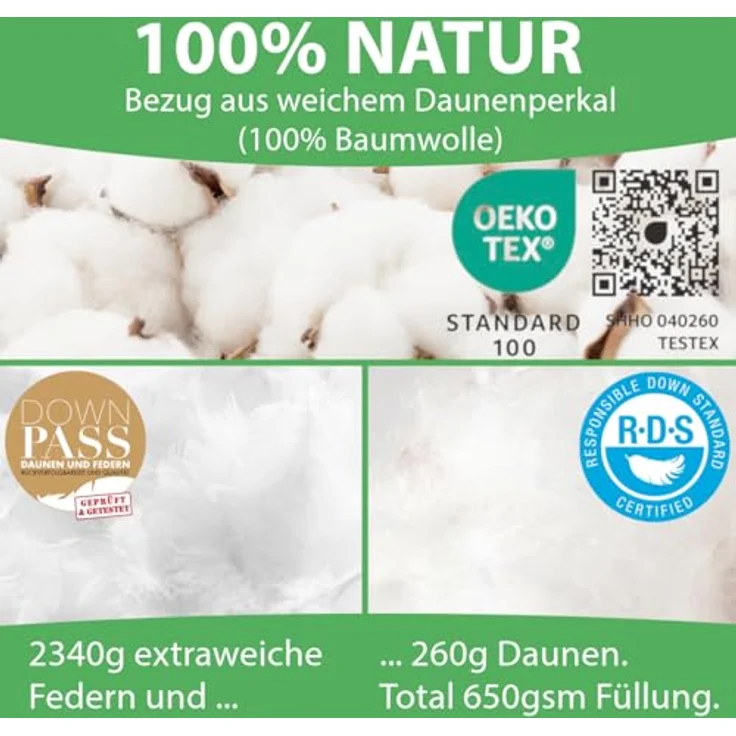 Welldora Daunenbettdecke, Komfort Allergiker Bettdecke Winter, Fachärztlich geprüft, Füllung: 100% Extraweiche Federn & Daunen, Zertifiziert für Tierwohl, Dicke extrawarme Winterdecke – Bild 4