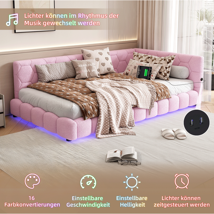 CHICFURN Bett aus Vliesimitat in Rosa 90x200 cm mit LED-Beleuchtung und USB- und Type-C-Anschlüssen – Bild 6