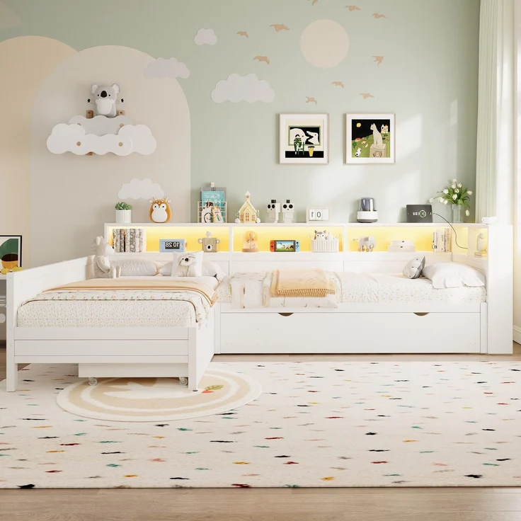 Bett mit LED-Streifen, 3 Schlafgelegenheiten, Regal, Schubladen und Gästebett, 90x200 cm, Holzbett, Jugendbett mit 2 Lattenrosten, L-Form – Bild 1
