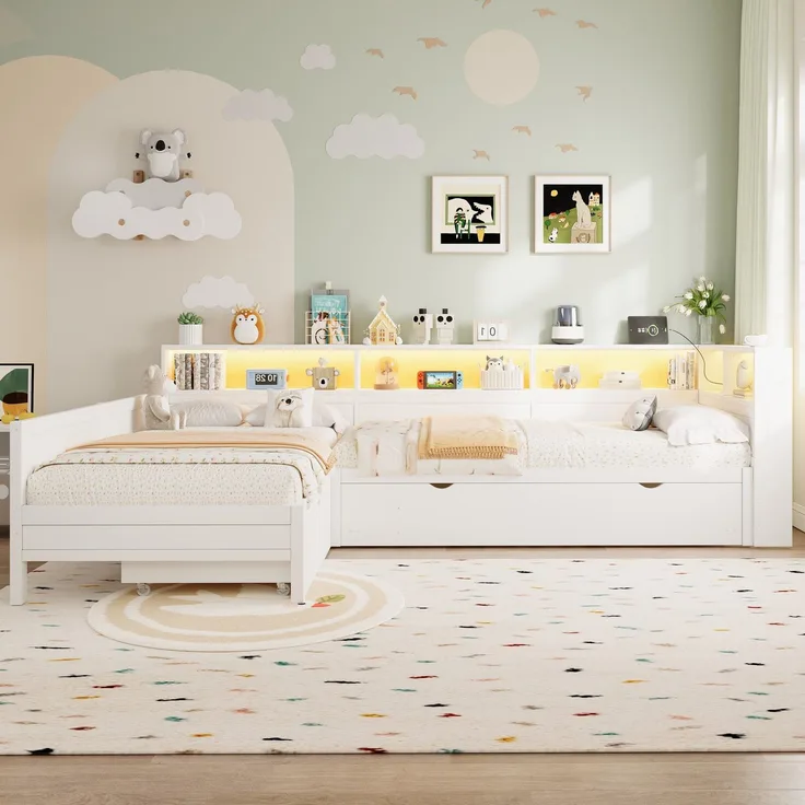 Bett mit LED-Streifen, 3 Schlafgelegenheiten, Regal, Schubladen und Gästebett, 90x200 cm, Holzbett, Jugendbett mit 2 Lattenrosten, L-Form