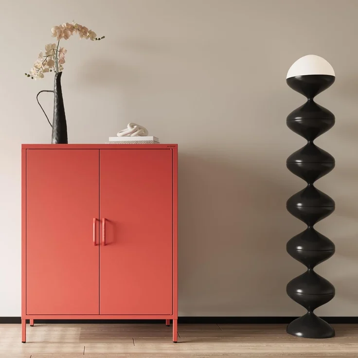 Jan Nowak Sideboard aus Metall, Kommode Glitzernd mit Doppeltür - VITO | Magnetverschluss, Verstellbare Einlegeböden | Highboard Wohnzimmer, Flur, Industriedesign | 80 x 101,5 x 40 cm | Rot – Bild 6