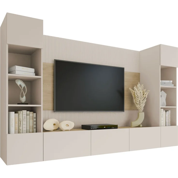 Wohnwand Deromi I, Griffloses Öffnungssystem (Farbe: Sandbeige + Eiche Cremona) – Bild 3