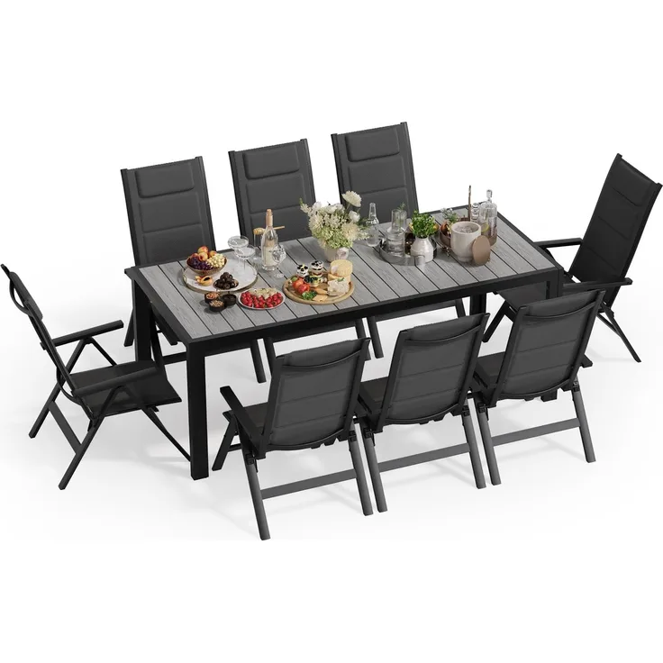 JUMMICO Gartenmöbel Set Klappbar, 5-Fach Verstellbarer Aluminium Sessel mit Holztisch, Wetterfestes Terrassenmöbel für Balkon und Garten