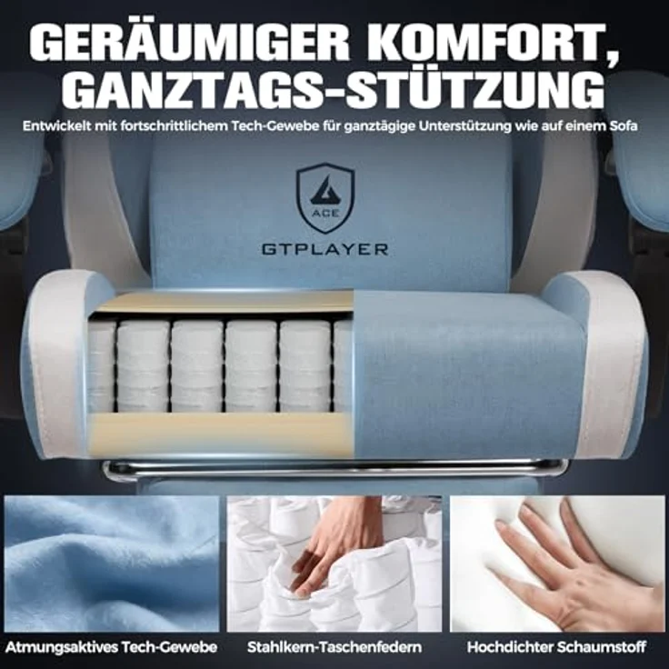 GTPLAYER Gaming Stuhl Ergonomischer, PC Stuhl Atmungsaktiver Stoff, Groß und Hoch Drehbarer Schreibtischstuhl mit Fußstütze,Verstellbare Lendenwirbelstütze und Kopfstütze,Hellblau – Bild 5