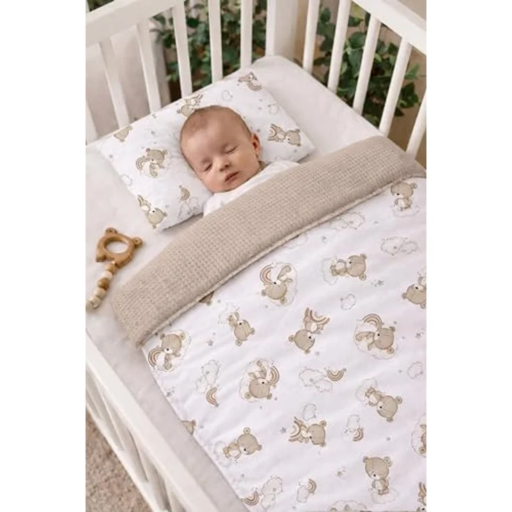 Babynest Nestchen Baby Set für Neugeborene – 5-teilig – Kuschelnest aus 100% Baumwolle & Waffelpique – Babykokon tragbar – für Babybett, Kinderbett & Kinderwagen – OEKO-TEX - Teddy und Sand – Bild 4