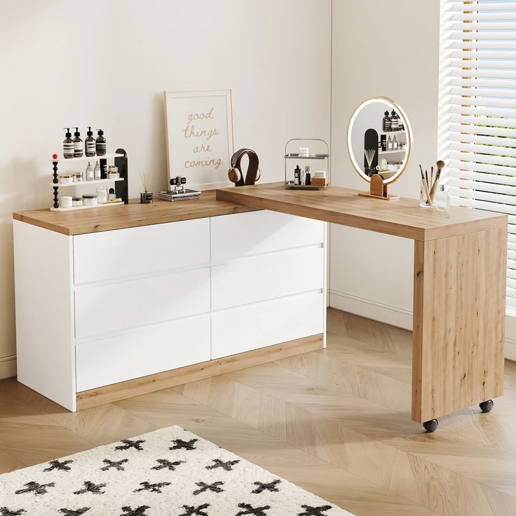 ZUBALIYA Schreibtisch mit feststellbaren Rollen – multifunktionales Design, 4 cm dickere, drehbare Tischplatte, fest arretierbar, weiß/Eiche, Faltbarer Schreibtisch, Eckschreibtisch, Sideboard,Dicke Materialie – Modell N880P4642189O – Bild 3