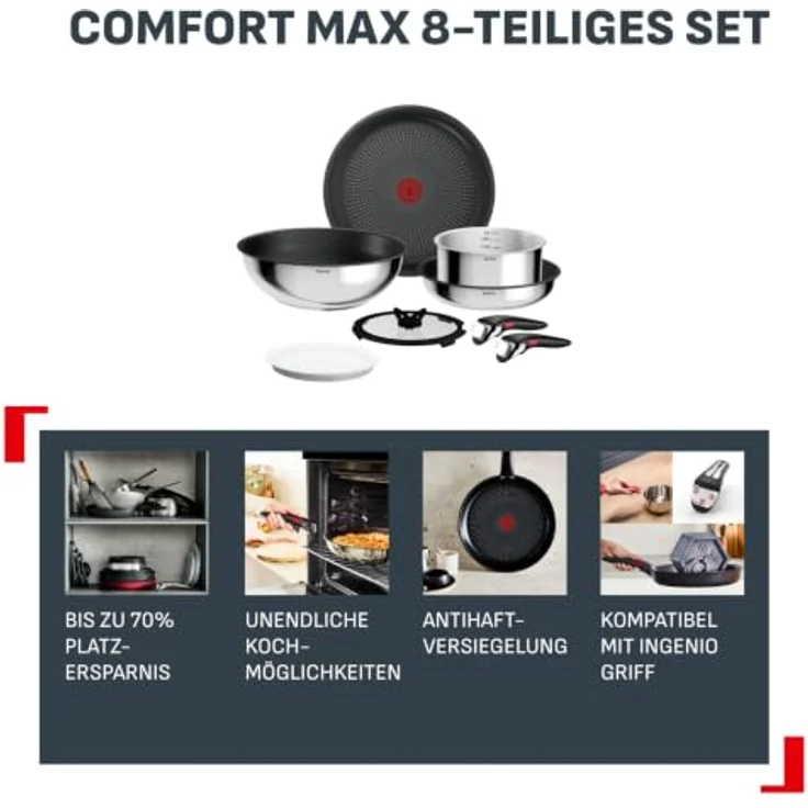 Tefal Ingenio Comfort Max 8-tlg. Kochgeschirr-Set, Titanium Antihaftversiegelung, stapelbar, platzsparend, Thermo-Signal, für alle Herdarten, sicherer Griff, mühelose Reinigung, Edelstahl, L966S844 – Bild 3