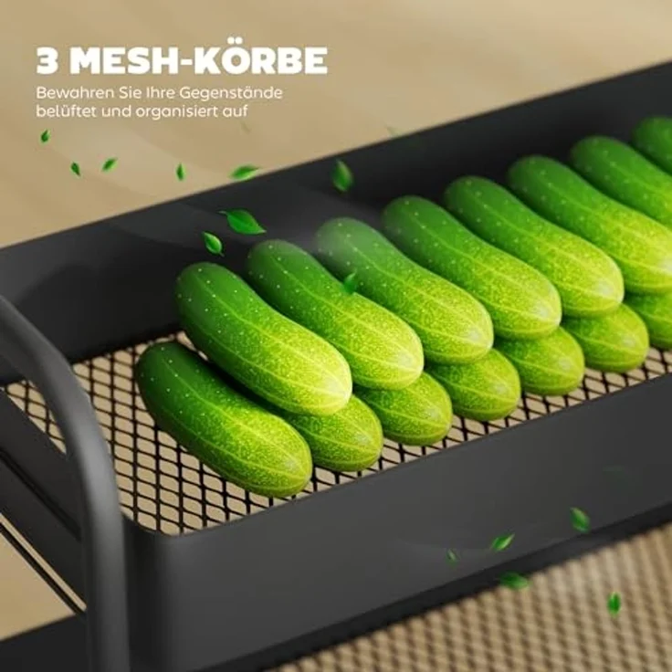 HOMCOM Küchenwagen mit 3 Ebenen, Körbe, Griff, (Servierwagen, 1 St, Rollwagen), für Küche Bad Büro Wohnzimmer Schwarz – Bild 3