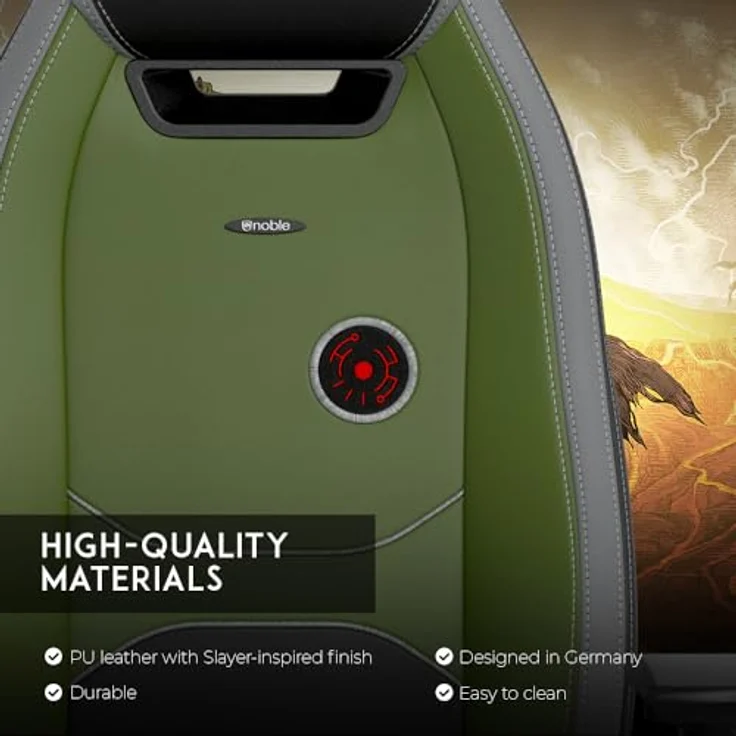 noblechairs LEGEND Gaming Stuhl - DOOM: The Dark Ages Edition, schwarzer Kunstlederbezug mit grünen Akzenten, Kaltschaumpolsterung, bis 150 kg belastbar, ergonomisch verstellbar – Bild 4