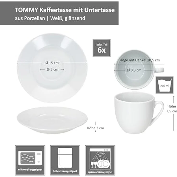 MamboCat Tasse 6er Set Tommy Kaffeetassen mit Untertassen für 6 Personen, Porzellan – Bild 6