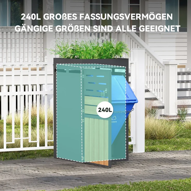 Flieks Outdoor Mülltonnenbox mit Pflanzablage, Einzelne 66×80×128 cm, 1-türiger Outdoor Aufbewahrungsschrank aus Stahl, anthrazit – Bild 6
