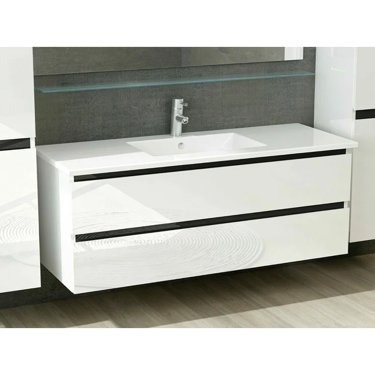 Homeline Badmöbel Set Weiß Dennis Hochglanz 90cm Spiegel incl LED (90, 6, 2X Seitenschrank) – Bild 4