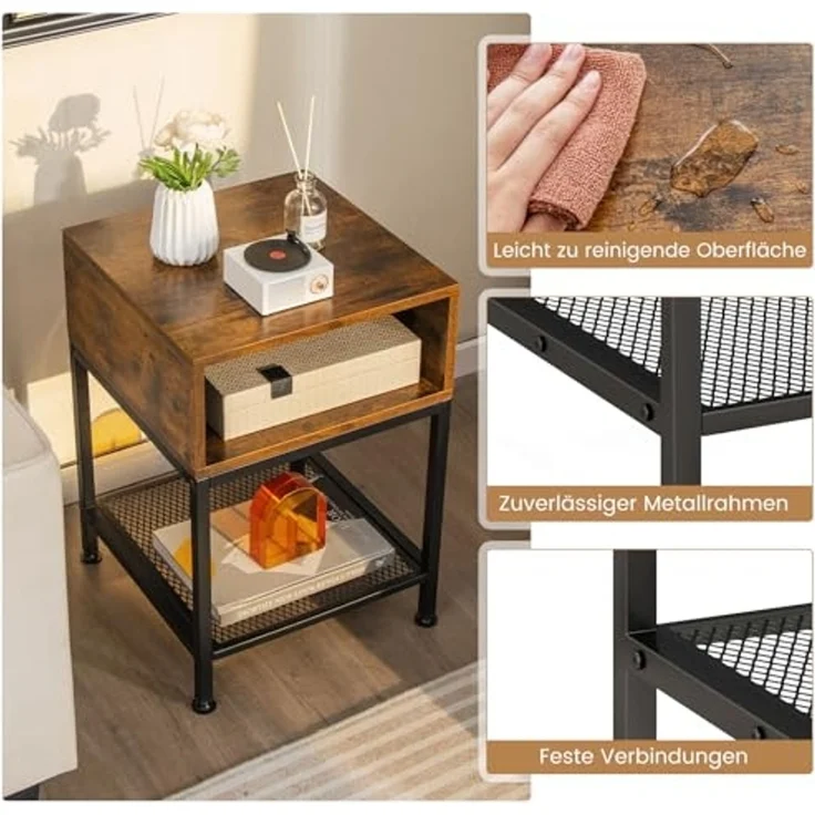 COSTWAY Beistelltisch mit Ablagefach und Gitterablage, Nachttisch mit Metallrahmen und verstellbaren Fußpolstern, Sofatisch für Schlafzimmer, Wohnzimmer, Industrie-Design, 40 x 40 x 57,5 cm – Bild 7