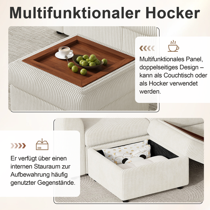 Ecksofa 282x153x85 cm aus Cord in Beige mit Schlaffunktion und Stauraumhocker – Bild 8