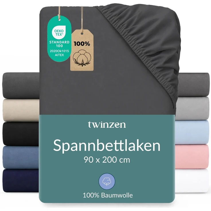 Twinzen Spannbettlaken Baumwoll-Jersey 90x200 Dunkelgrau Steghöhe 30 cm