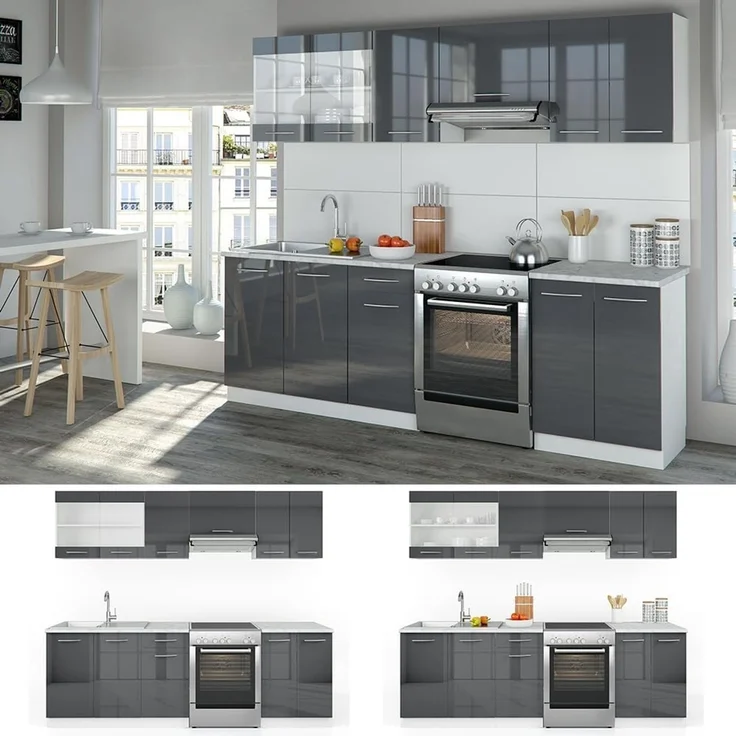 Küchenzeile R-Line Anthrazit Hochglanz/Weiß 240 cm, AP Marmor Vicco – Bild 6