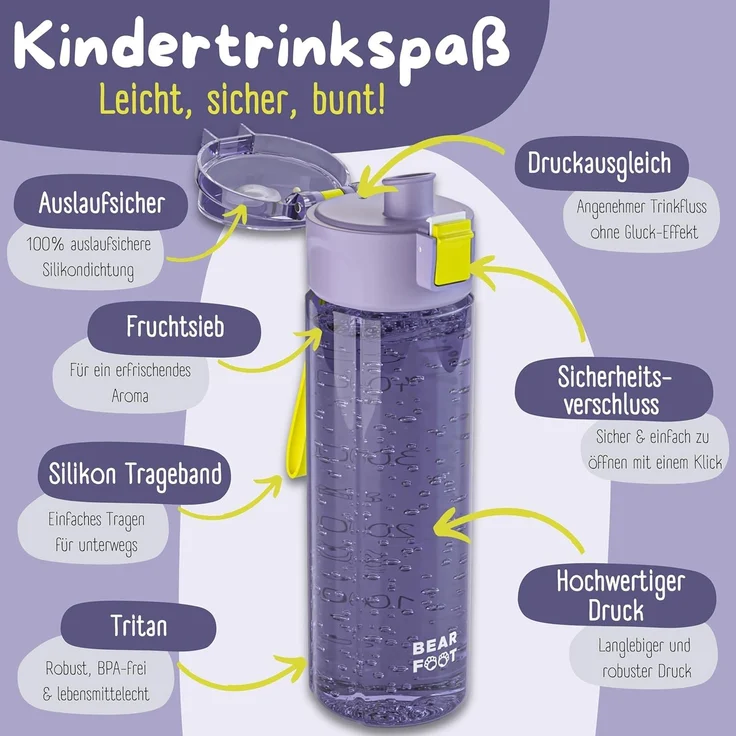 BEARFOOT Trinkflasche Trinkflasche Kinder, leichte Wasserflasche - Logo lila – Bild 4