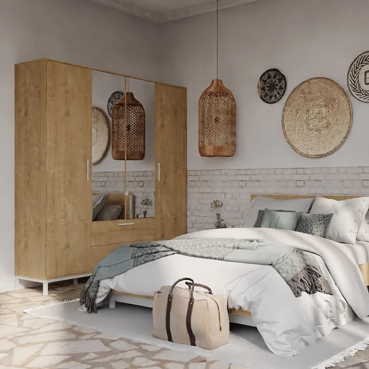 Calicosy Kleiderschrank 4 Drehtüren, 2 Spiegel und 2 Schubladen Eiche- und Weißdekor matt H220 cm - CRAFT - Helles Holz – Bild 2