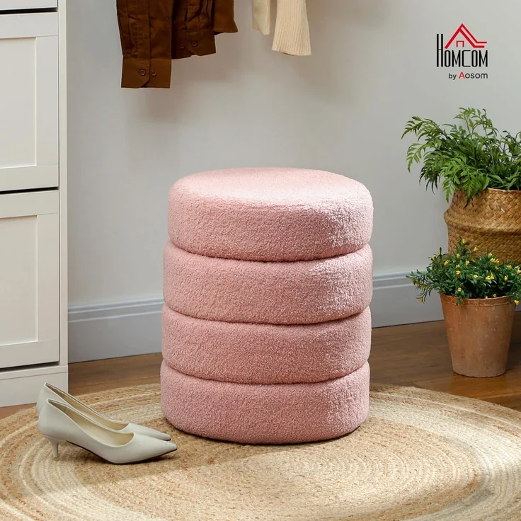 HOMCOM Fußhocker Sitzhocker mit Sitzkissen (Runder Polsterhocker, 1 St, Fußstütze), für Wohnzimmer, Schlafzimmer, Rosa, Ø40 x 45 cm – Bild 2