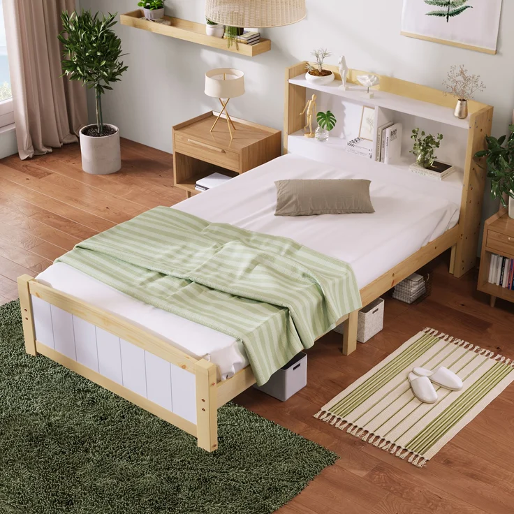 Bett 90x200 cm mit Stauraum-Kopfteil aus Massivholz, weiß – platzsparendes Einzelbett mit Lattenrost – Bild 4