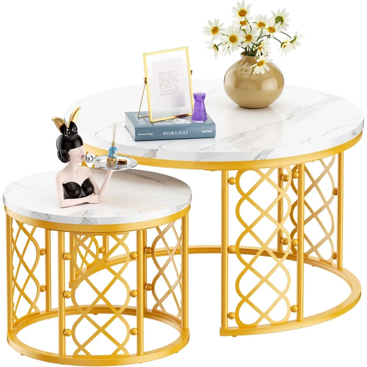 2er-Set Couchtisch nestbar 70x70x45 + 45x45x37 cm, Weiß Marmoroptik, Metallgestell Gold – Bild 8