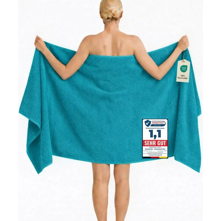 Komfortec Badetuch 100x200 cm aus 100% Baumwolle, Saunatuch XXL, Weich, Groß, Frottee, Schnelltrocknend, Türkis – Bild 1