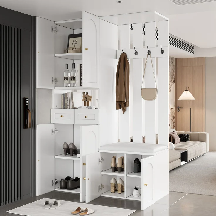 Flurbank Schuhschrank mit Haken und 2 Schubladen Flurmöbel Aufbewahrung Weiß Modern Eingangsbereich – Bild 2