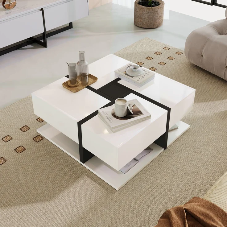Quadratischer Couchtisch Hochglanz Weiß Schwarz mit 4 Schubladen Wohnzimmer Tisch Ablage Modern Design – Bild 6