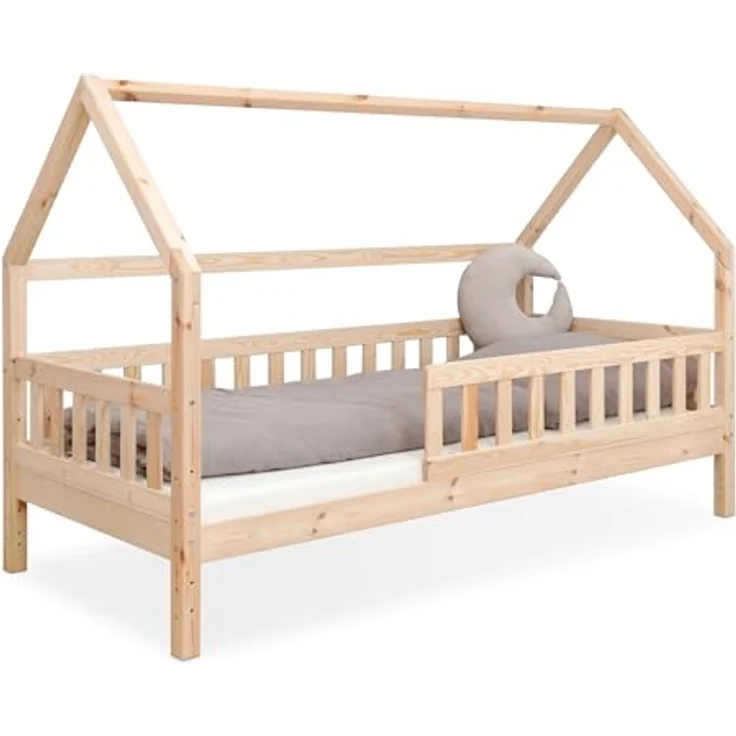 Ehrenkind Hausbett aus nachhaltigem Kiefernholz (mit abnehmbarem Rausfallschutz aus nachhaltigem Holz, Erhältlich in Natur und Weiß Kinderbett 80x160/90x200 cm), höhenverstellbar, nachhaltiges Kiefernholz, hergestellt in Europa – Bild 2