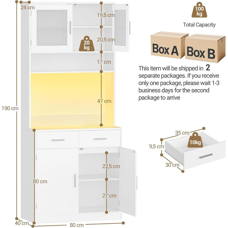 Buffetschrank, Küchenschrank mit 2 Schubladen, Hochschrank mit Steckdosenleiste und LED-Beleuchtung, 2 Schranktüren mit Glasfront, Küche, Wohnzimmer, 40 x 80 x 190 cm, Weiß – Bild 9