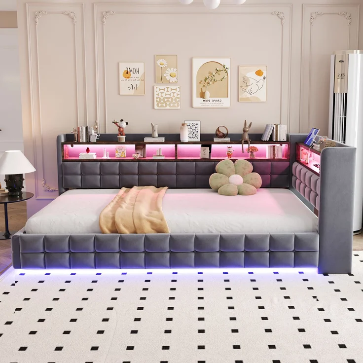 Polsterbett Liegefläche 90×200 cm mit Bettkasten, LED und Steckdose, Grau, ohne Matratze – Bild 2