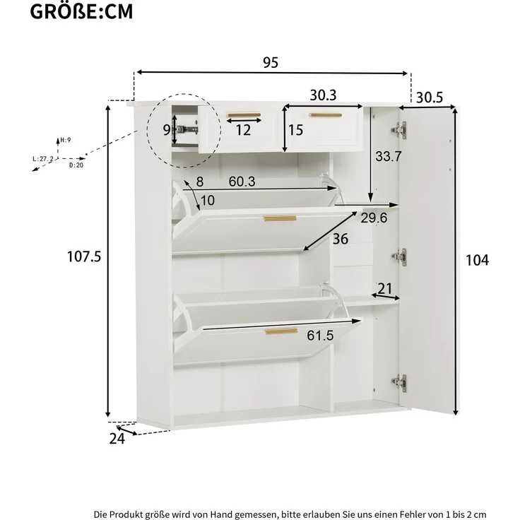 Merax Moderne Schuhschrank, mit verstellbaren Regalen, goldenen Griffen, Schubladen, Klappschuhschrank und Türen, weiß, B95/D24/H107.5 – Bild 4