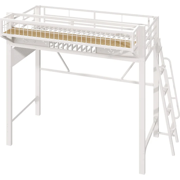 Hochbett, 90 x 200 cm, Metallbettgestell, Staufächer, offene untere Ebene, Ohne Matratze, Weiß – Bild 9