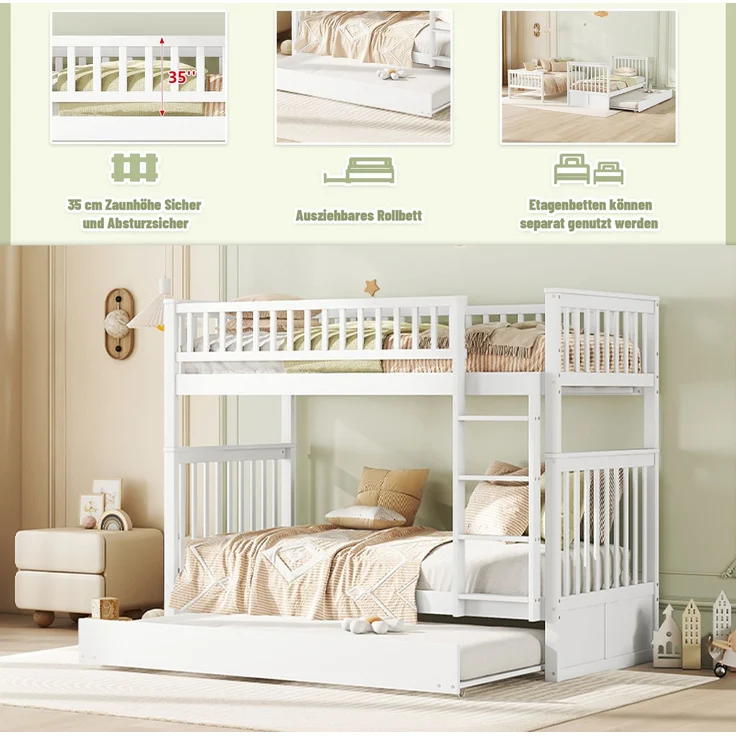 Etagenbett 90x200 cm mit Ausziehbett und Treppe, Kinderbett mit hoher Absturzsicherung,abnehmbares Massivholzbett mit stabilem Rahmen,Weiß – Bild 5