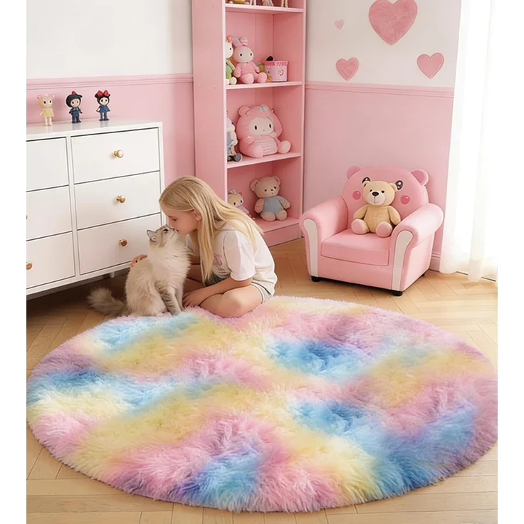 ROHATIM Teppich Schlafzimmer Rund 150 cm Regenbogen Waschbar Rutschfester Runder Hochflorteppich Wohnzimmer Kinderzimmer Mädchen Flauschig – Bild 1