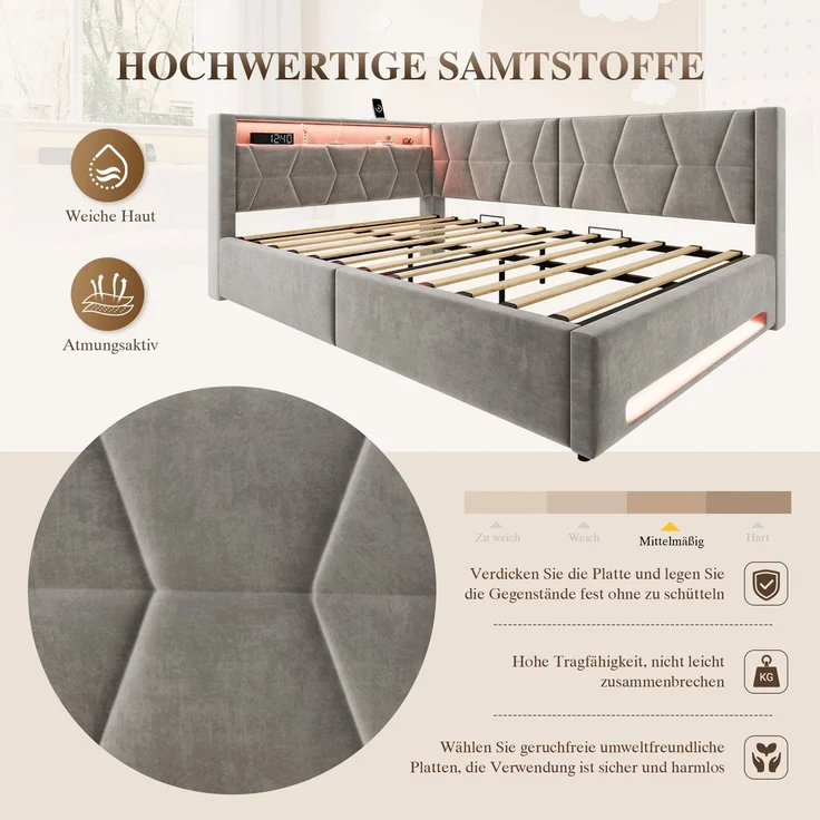 TavilaEcon Polsterbett Samtbett mit LED-Beleuchtung an Kopf- und Fußteil, USB & Type-C grau Liegefläche 140 × 200 cm – Bild 7