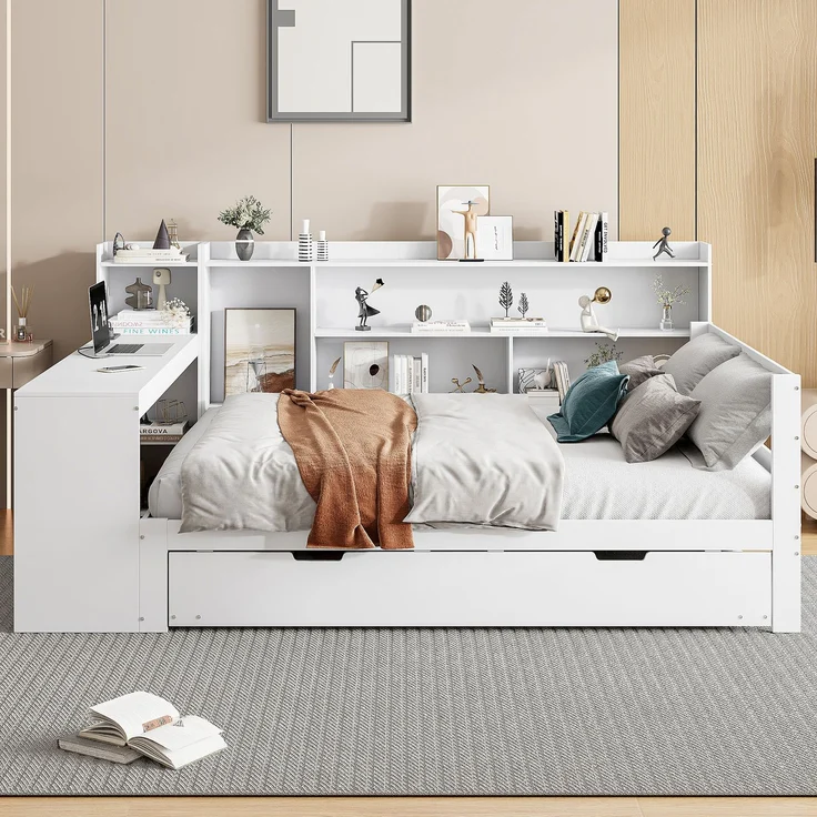 Multifunktionales Massivholz-Schlafsofa mit Ausziehbett, Regalen & USB-Steckdose, Doppelbett mit Stauraum, Weiß – Bild 3