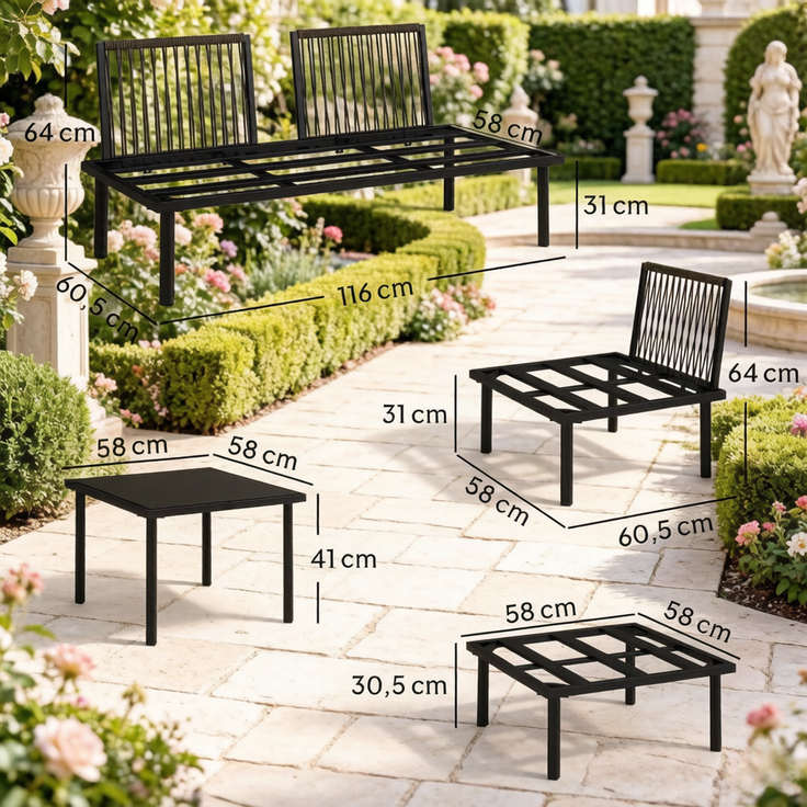 Gartenlounge-Set 6-teilig, modulare Terrassen-Sitzgruppe mit Sofa, 3 Sesseln, Fußhocker, Glastisch und Kissen, Schwarz / Hellgrau – Bild 9