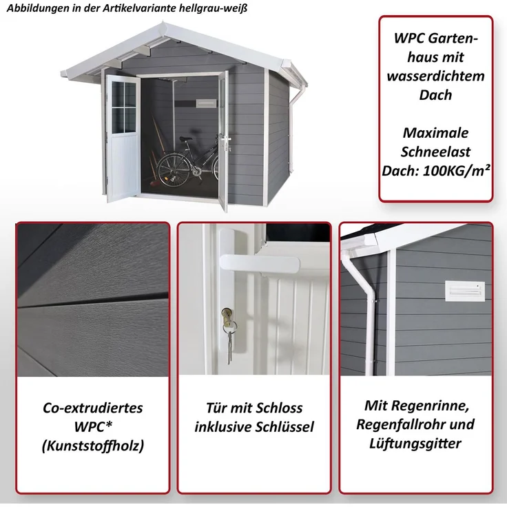 WPC Gartenhaus mit Satteldach HWC-J94, Gerätehaus Geräteschuppen, 253x360x366cm ~ hellgrau-weiß – Bild 2