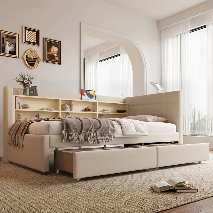 Daybett Leinen mit 2 Schubladen, USB-Anschluss & Ablagen, 90x200 cm, Beige, ohne Matratze
