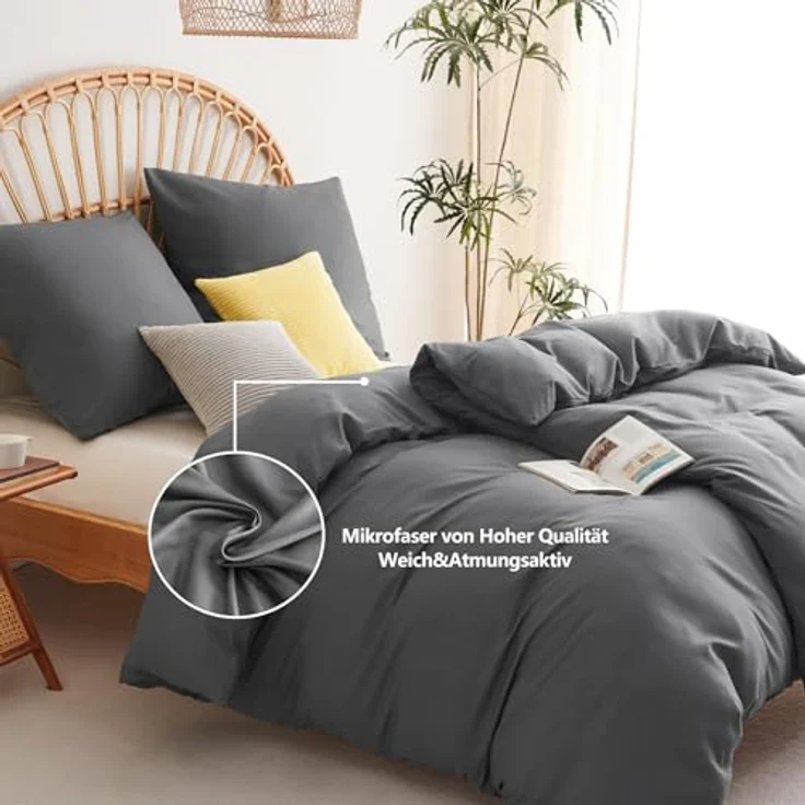 WAVVE Bettwäsche 135x200 4teilig Anthrazit - Bettbezüge 135x200 2er Set mit Kissenbezüge 80x80 cm, Bettwäsche-Sets 135x200 cm aus Mikrofaser mit Reißverschluss Weich, Grau – Bild 4